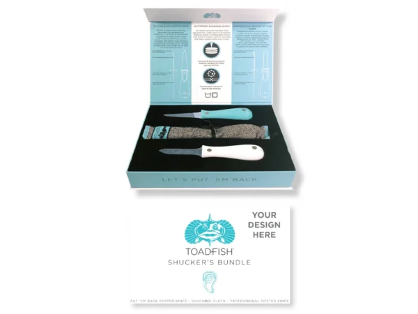 Toadfish Custom Engraved Shucker's Bundle - Teal Put 'Em Back Oyster Knife, Professional Oyster Knife & Cut-Proof Shucking Cloth - Knifes Are NOT Engraved (MINIMUM ORDER QUANTITY OF 25)