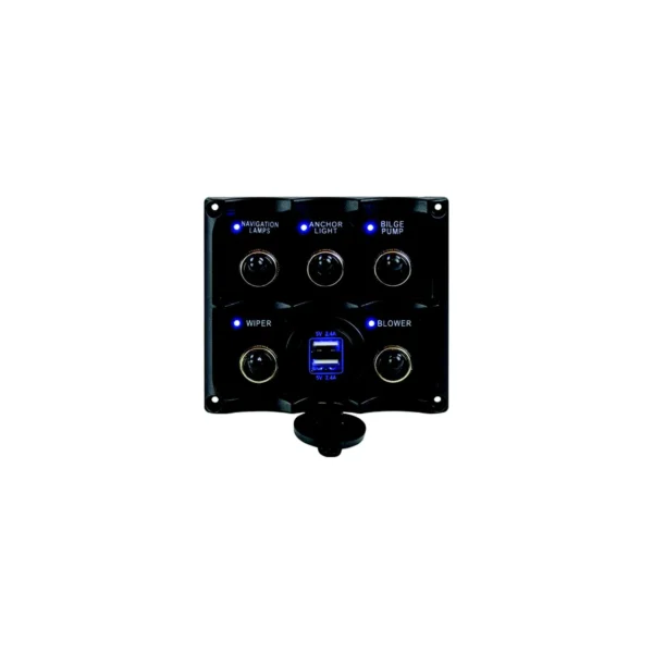 Seadog 424617-1 Water Resistant Toggle Switch Panel w/5 Switches & USB Power Stocket