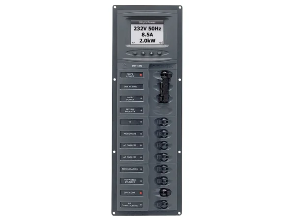 BEP AC Circuit Breaker Panel w/Digital Meters, 8SP 2DP AC230V ACSM Stainless Steel Vertical