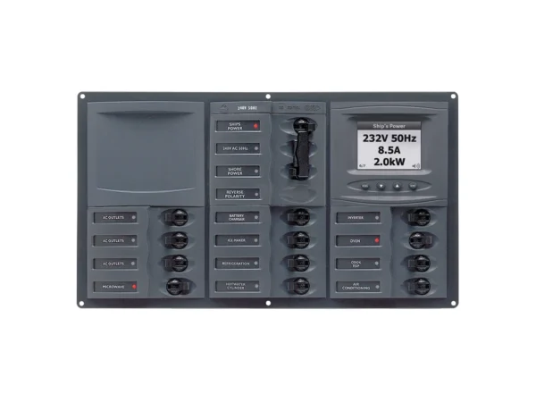 BEP AC Circuit Breaker Panel w/Digital Meters, 12SP 2DP AC230V ACSM Stainless Steel Horizontal