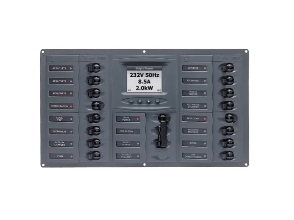 BEP AC Circuit Breaker Panel w/Digital Meters, 16SP 2DP AC230V ACSM Stainless Steel Horizontal