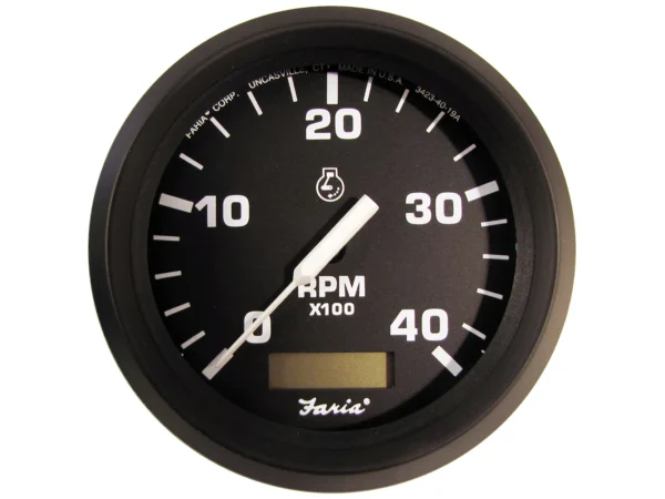 Faria Euro Black 4" Tachometer w/Hourmeter (4000 RPM) (Diesel)(Mech. Takeoff & Var. Ratio Alt.)