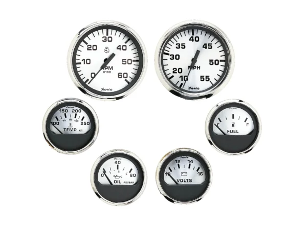 Faria Spun Silver Box Set of 6 Gauges f/ Inboard Engines - Speed, Tach, Voltmeter, Fuel Level, Water Temperature & Oil