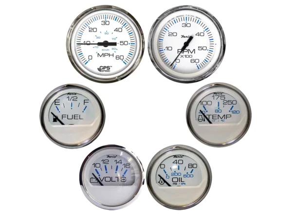 Faria Chesapeake White w/Stainless Steel Bezel Boxed Set of 6 - Speed, Tach, Fuel Level, Voltmeter, Water Temperature & Oil PSI - Inboard Motors