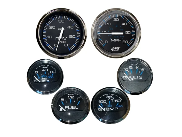 Faria Chesapeake Black w/Stainless Steel Bezel Boxed Set of 6 - Speed, Tach, Fuel Level, Voltmeter, Water Temperature & Oil PSI - Inboard Motors