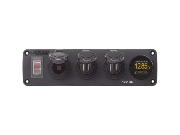 Blue Sea 4368 Water Resistant USB Accessory Panel - 12V Socket, 2x 2.1A Dual USB Chargers, Mini Voltmeter