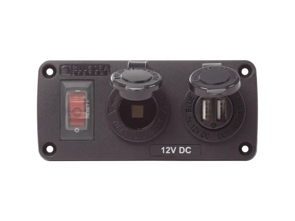 Blue Sea 4363 Water Resistant USB Accessory Panels - 15A Circuit Breaker, 12V Socket, 2.1A Dual USB Charger