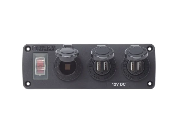 Blue Sea 4365 Water Resistant USB Accessory Panel - 15A Circuit Breaker, 12V Socket, 2x 2.1A Dual USB Chargers