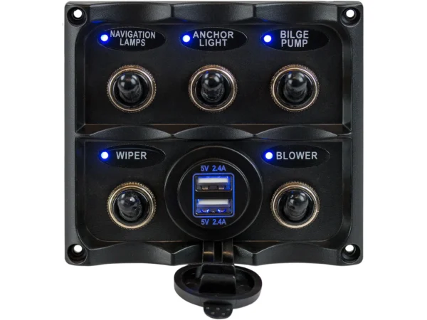 Sea-Dog Water Resistant Toggle Switch Panel w/USB Power Socket - 5 Toggle