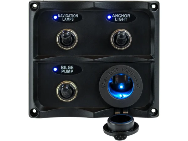 Sea-Dog Water Resistant Toggle Switch Panel w/LED Power Socket - 3 Toggle