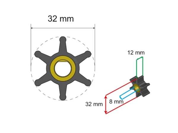 Albin Group Premium Impeller Kit - 32 x 8 x 12mm - 6 Blade - Single Flat Insert - Image 2