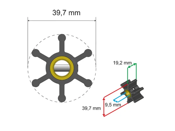 Albin Group Premium Impeller Kit - 39.7 x 9.5 x 19.2mm - 6 Blade - Pin Insert - Image 2