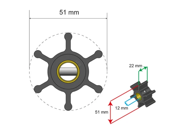 Albin Group Premium Impeller Kit - 51 x 22 x 12mm - 6 Blade - Pin Insert - Image 2