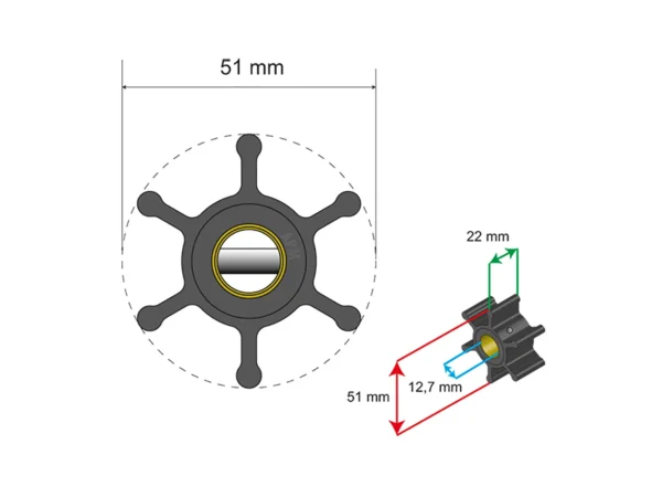 Albin Group Premium Impeller Kit - 51 x 22 x 12.7mm - 6 Blade - Pin Insert - Image 2