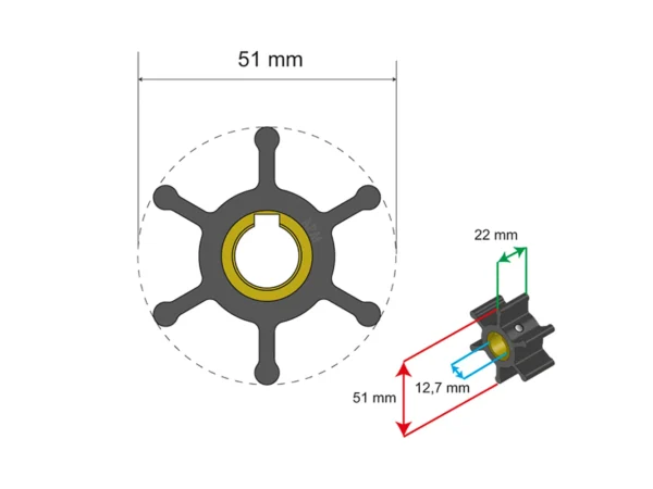 Albin Group Premium Impeller Kit - 51 x 12.7 x 22mm - 6 Blade - Key Insert - Image 2