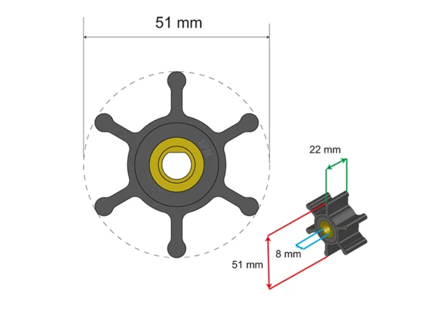 Albin Group Premium Impeller Kit - 51 x 8 x 22mm - 6 Blade - Single Flat Insert - Image 2