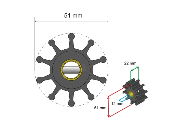 Albin Group Premium Impeller Kit - 51 x 12 x 22mm - 10 Blade - Pin Insert - Image 2