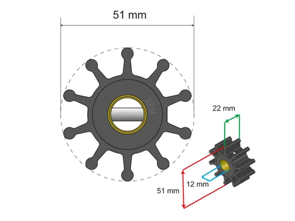 Albin Group Premium Impeller Kit - 51 x 12.7 x 22mm - 10 Blade - Pin Insert - Image 2