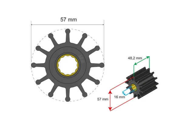 Albin Group Premium Impeller Kit 57 x 16 x 48.2mm - 12 Blade - Spline Insert - Image 2