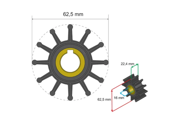 Albin Group Premium Impeller Kit 62.5 x 16 x 22.4mm - 12 Blade - Key Insert - Image 2