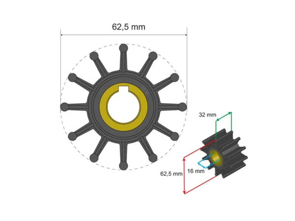 Albin Group Premium Impeller Kit 62.5 x 16 x 32mm - 12 Blade - Key Insert - Image 2