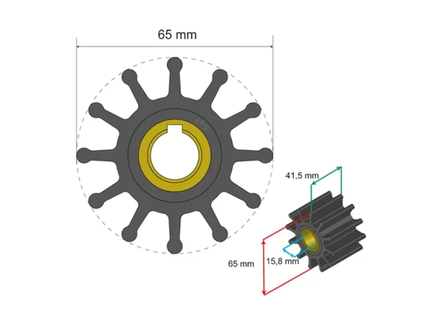 Albin Group Premium Impeller Kit 65 x 15.8 x 41.5mm - 12 Blade - Key Insert - Image 2