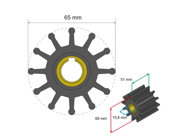 Albin Group Premium Impeller Kit 65 x 15.8 x 51mm - 12 Blade - Key Insert - Image 2