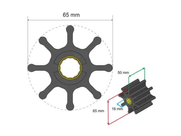 Albin Group Premium Impeller Kit 65 x 16 x 50mm - 8 Blade - Spline Insert - Image 2