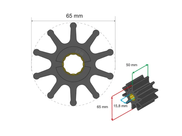 Albin Group Premium Impeller 65 x 15.8 x 50mm - 10 Blade - Spline Insert - Image 2