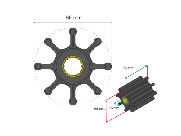 Albin Group Premium Impeller Kit 65 x 16 x 76mm - 8 Blade - Spline Insert - Image 2