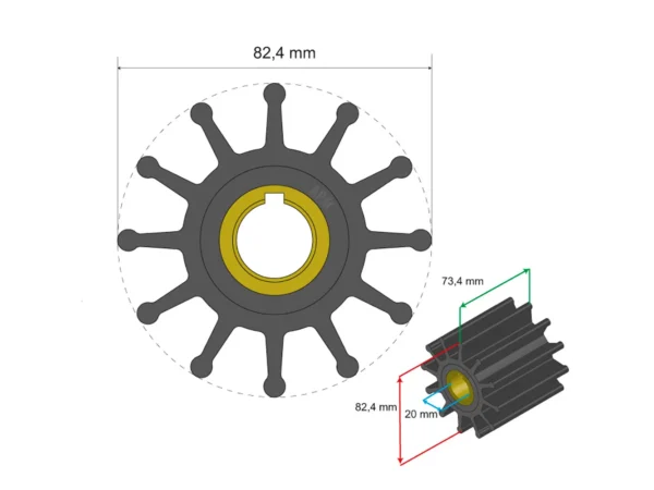 Albin Group Premium Impeller Kit 82.4 x 20 x 73.4mm - 12 Blade - Key Insert - Image 2