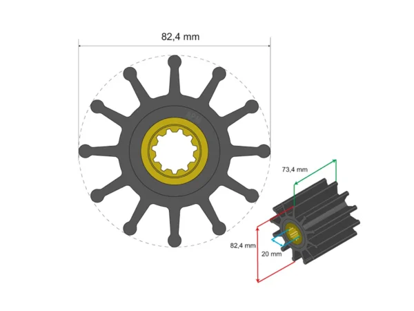 Albin Group Premium Impeller Kit 82.4 x 20 x 73.4mm - 12 Blade - Spline Insert - Image 2