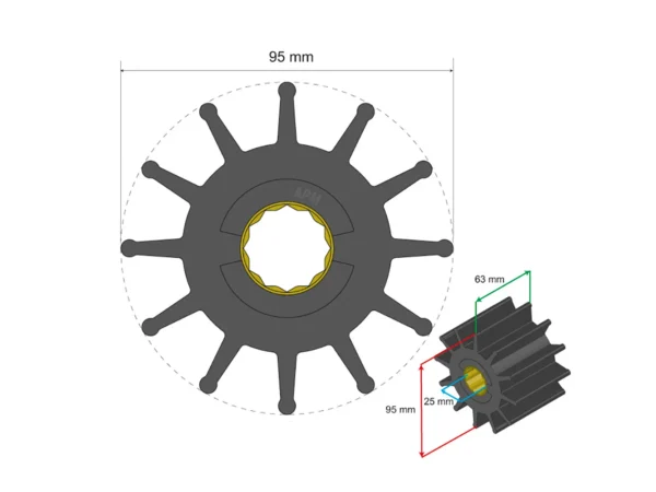 Albin Group Premium Impeller - 95 x 25 x 63mm - 12 Blade - Spline Insert - Image 2