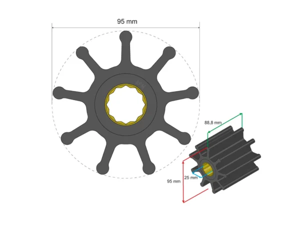 Albin Group Premium Impeller Kit 95 x 25 x 88.8mm - 9 Blade - Spline Insert - Image 2