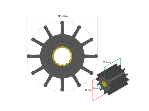 Albin Group Premium Impeller Kit 95 x 25 x 88.8mm - 12 Blade - Spline Insert - Image 2