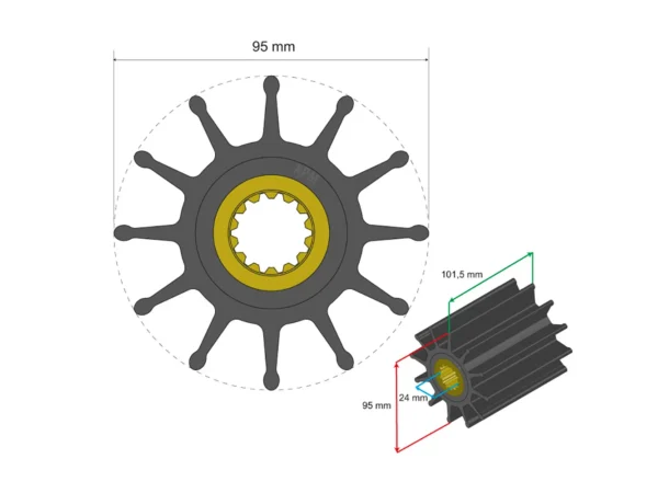 Albin Group Premium Impeller Kit 95 x 24 x 101.5mm - 12 Blade - Spline Insert - Image 2