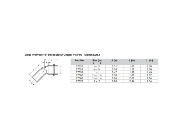 Viega ProPress 1/2" - 45° Copper Elbow - Street/Press Connection - Image 2