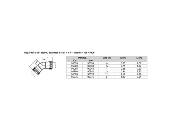 Viega MegaPress 1/2" 45° Stainless Steel 304 Elbow - Double Press Connection - Smart Connect Technology - Image 2