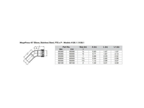 Viega MegaPress 1/2" 45° Stainless Steel 304 Elbow Street - Press Connection - Smart Connect Technology - Image 2