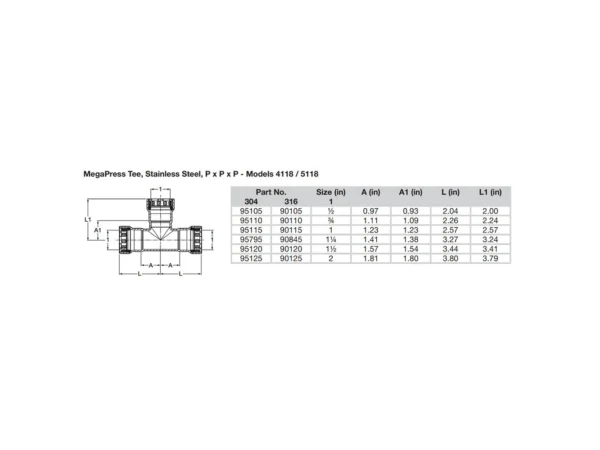 Viega MegaPress 1/2" Stainless Steel 304 Tee - Triple Press Connection - Smart Connect Technology - Image 2