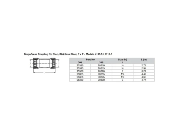 Viega MegaPress 1/2" Stainless Steel 304 Coupling w/o Stop - Double Press Connection - Smart Connect Technology - Image 2