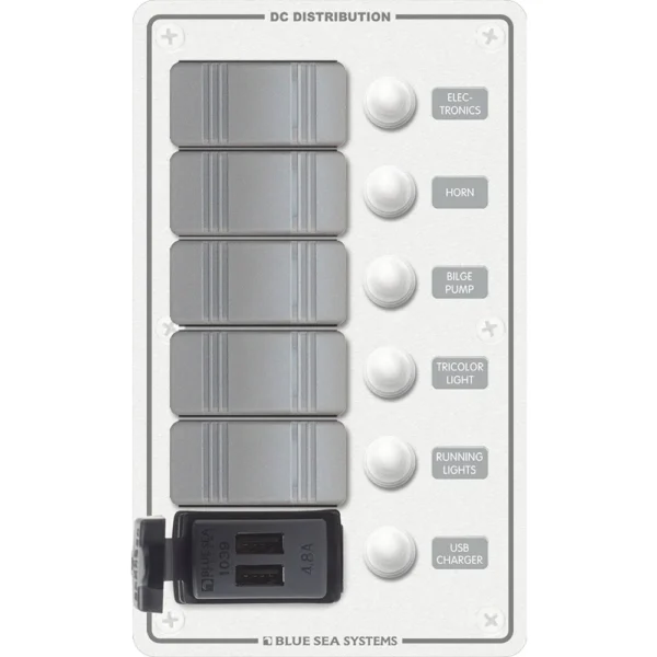 Blue Sea 8421 - 5 Position Contura Switch Panel w/Dual USB Chargers - 12/24V DC - White