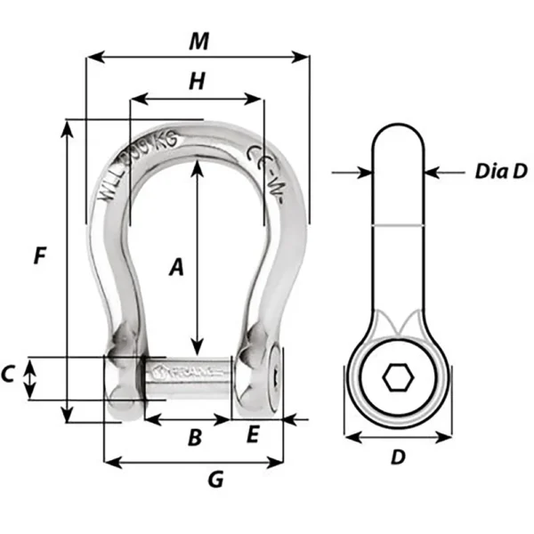 Wichard Self-Locking Allen Head Pin Bow Shackle - 6mm Diameter - 1/4" - Image 2