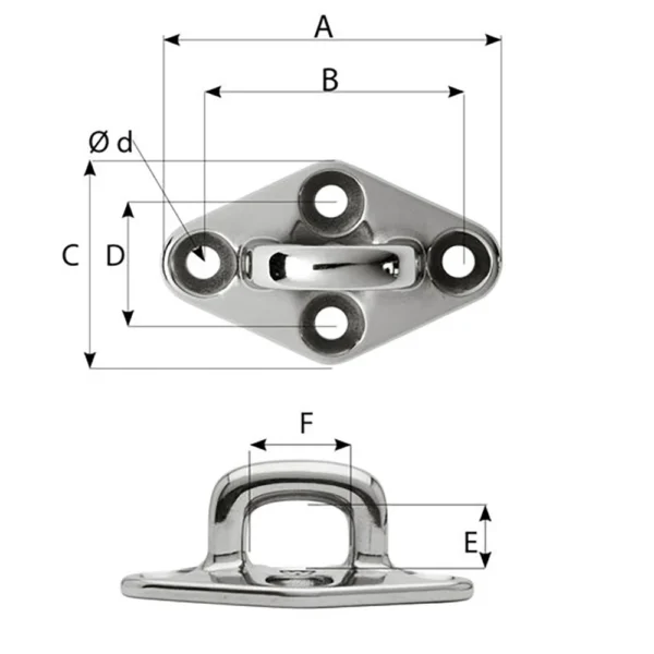 Wichard Diamond Pad Eye - Square - 60mm Length (2-23/64") - M5 Screw - Image 2