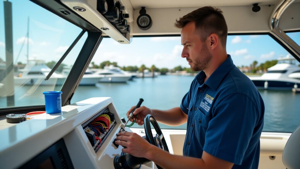 Certified marine electrician rewiring boat dashboard with organized cables at a marina in Florida.