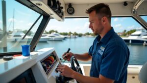 Certified marine electrician rewiring boat dashboard with organized cables at a marina in Florida.