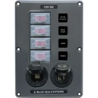 Blue Sea Water-Resistant 12V 4 Circuit Breaker Switch Panel with 12v Socket and Dual USB