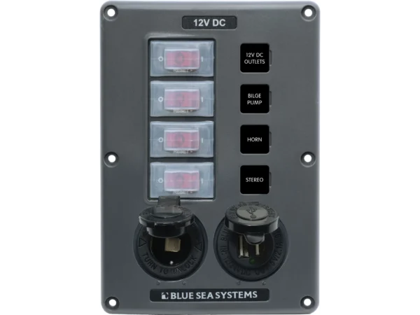 Blue Sea Water-Resistant 12V 4 Circuit Breaker Switch Panel with 12v Socket and Dual USB