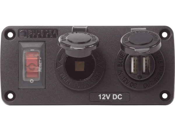 Blue Sea Water-Resistant 12V 15A Circuit Accessory Panel with 12v Socket and Dual USB