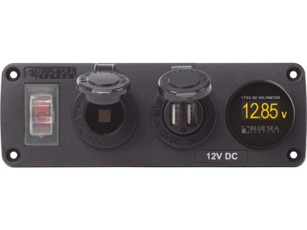 Blue Sea Water-Resistant 12V 15A Circuit Accessory Panel Socket, Dual USB, Volt Meter